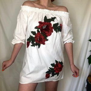Off The Shoulder White and Red Floral Mini Dress